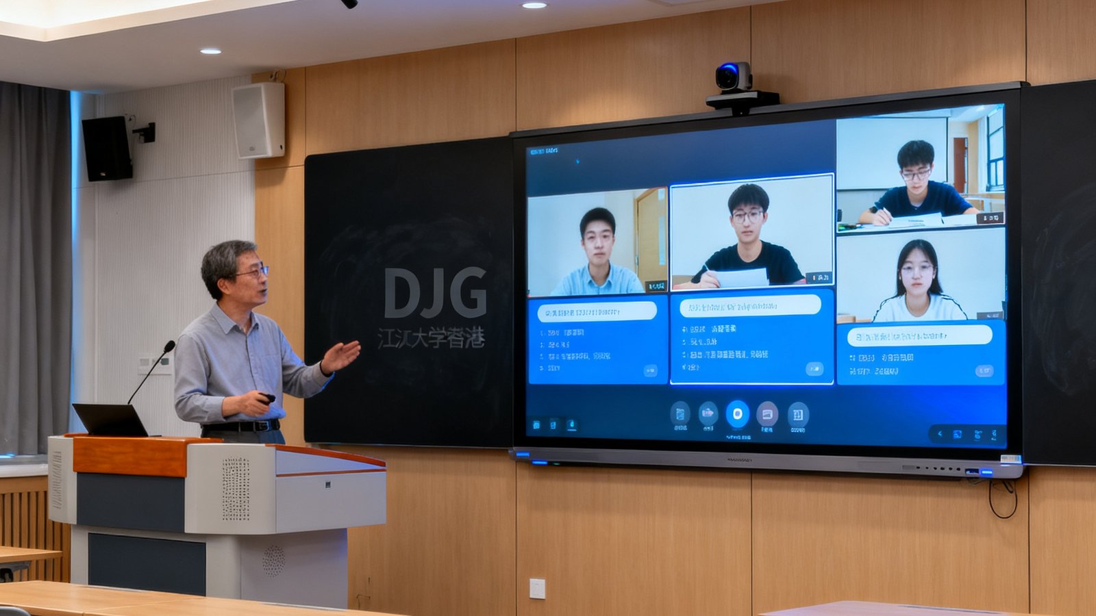浙江大学紫金港校区智慧教室内，教授通过DG视讯系统同时为5个校区的学生授课，互动白板上实时显示各校区学生的答题反馈。